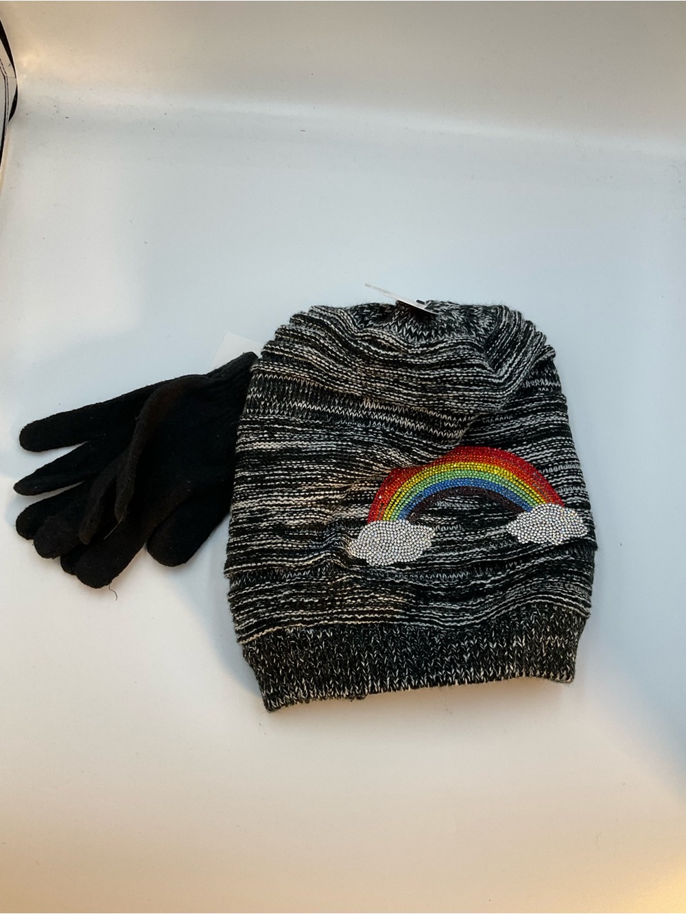 Kids Black Marled Knit Beanie with Rainbow Patch and Matching Gloves